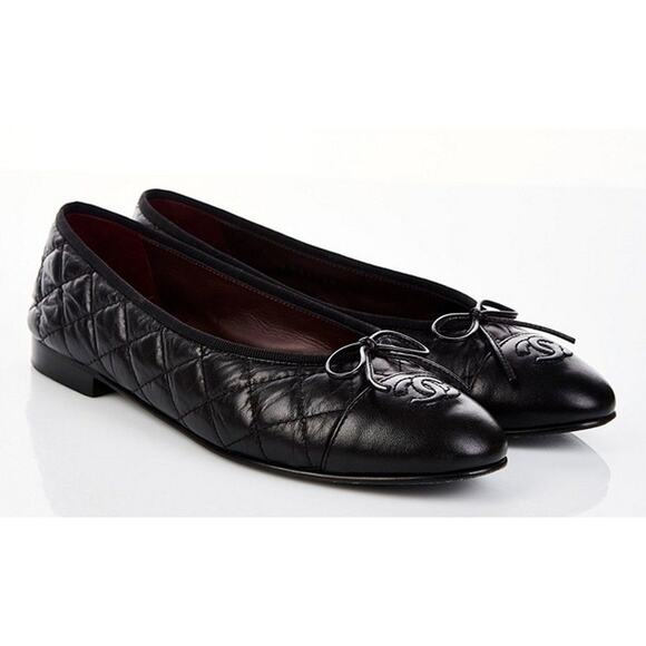 CHANEL Cambon Leather CC Quilted Ballet Flats Black Almond Toe Women's 35/US 5 - Picture 2 of 10